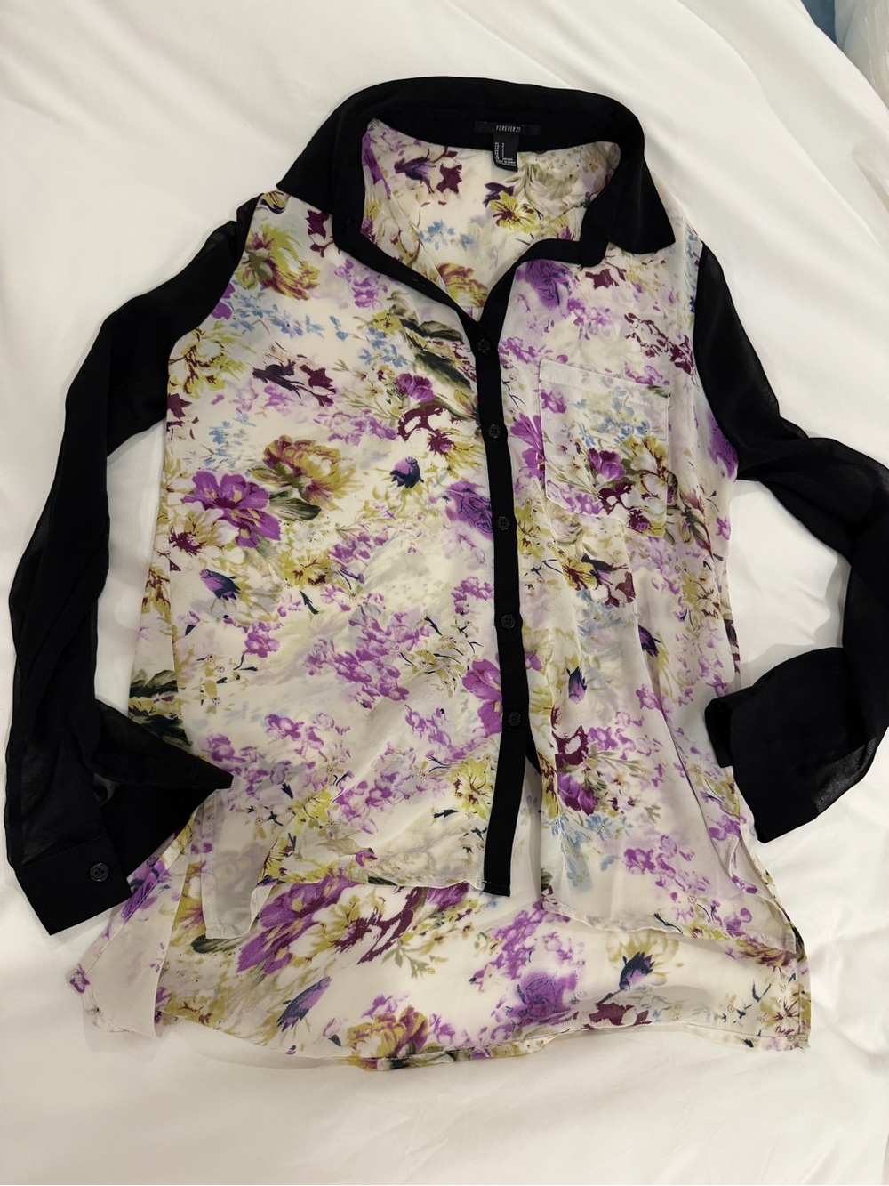 Forever 21 Floral Sheer Blouse with Black Trim